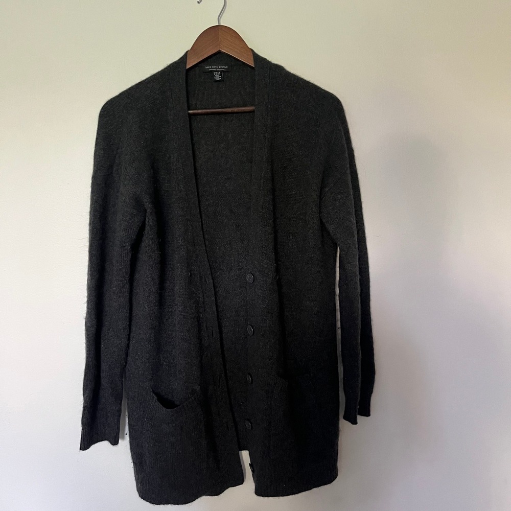 Saks Fifth Avenue 100% Cashmere Cardigan Sweater Charcoal Grey Womens Medium M
